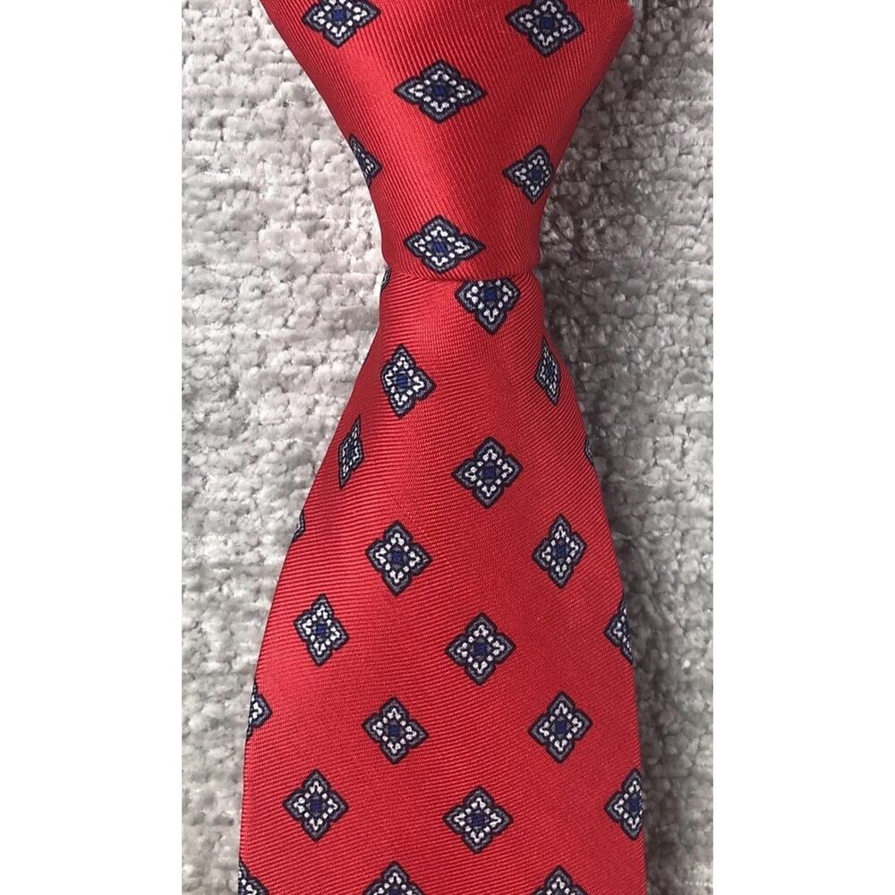 Vintage May Company Red Silk Tie Blue Geometric Diamond Pattern Exclusive Fabric